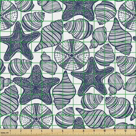 Tessuto decorativo blu e bianco per metro, con conchiglie di stella di mare, alta qualità, 2M (148x200cm), blu scuro e bianco