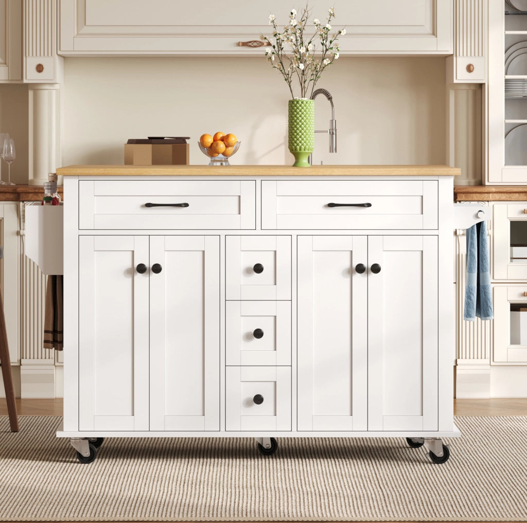 Carrello cucina 140x40(65)x89 cm con piano estraibile e 5 ruote in MDF bianco e naturale