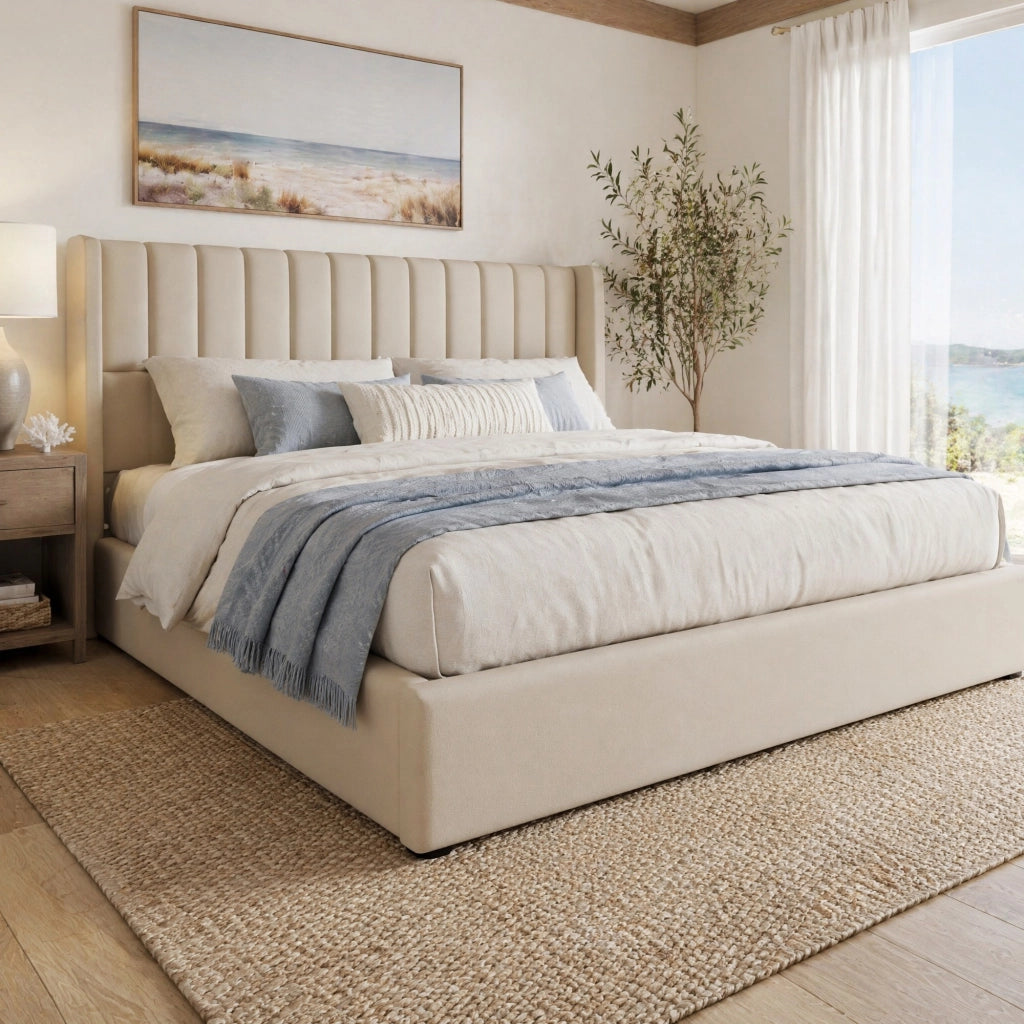 LETTO Contenitore Idraulico 140x200 cm Tessuto Lino Beige