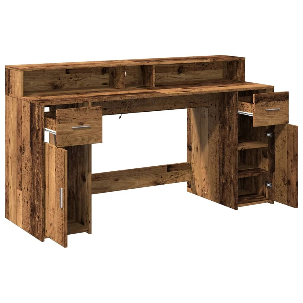Scrivania tavolo postazione di lavoro mobile per computer studio con luci a LED legno vecchio legno ingegnerizzato marrone 02_0023441