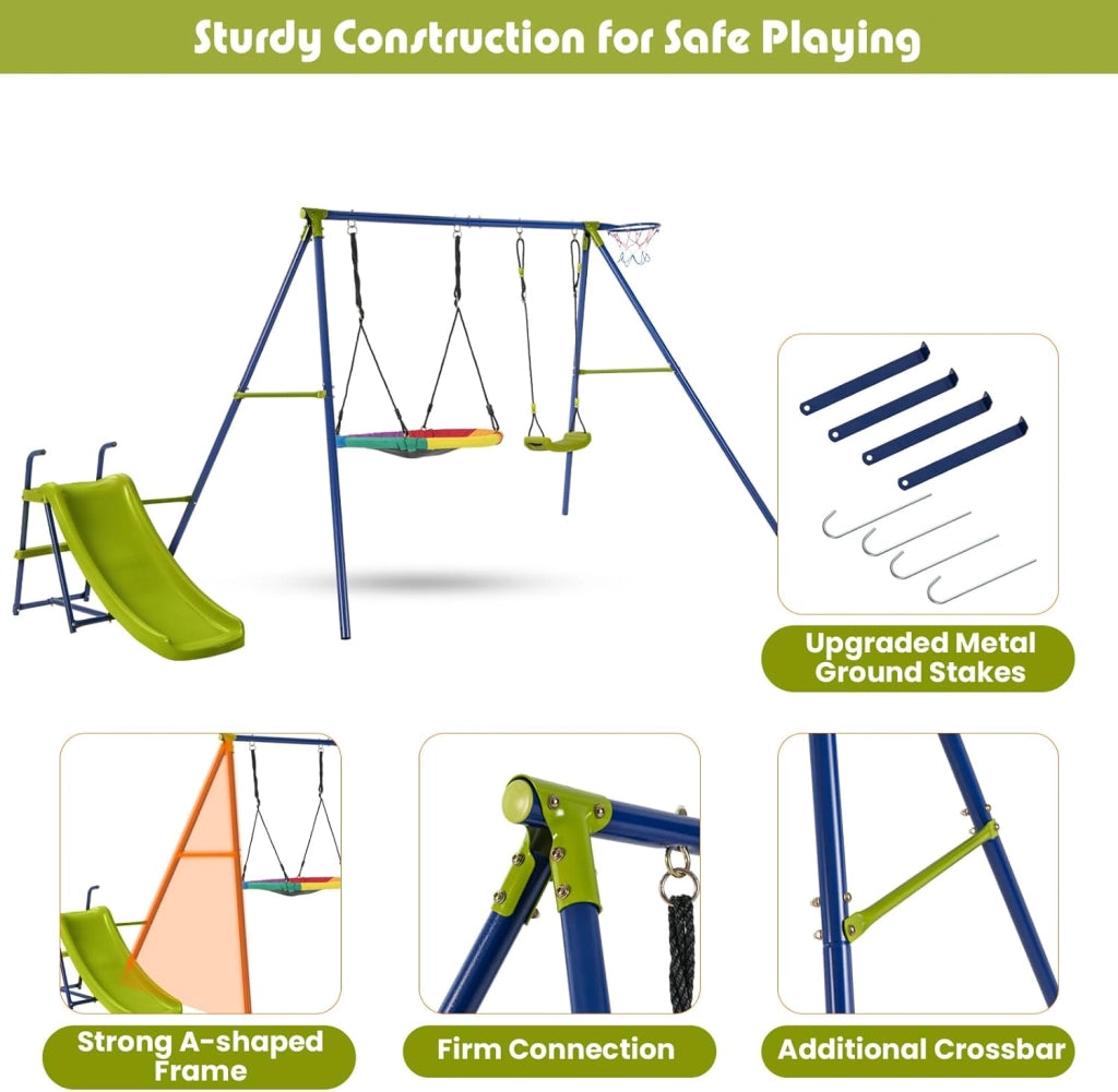 Set di Altalene da Giardino per Bambini 3-10 Anni, Seggiolino Altalena Bambini 4 in 1 con 2 Altalene, Scivolo e Canestro da Basket, Scivolo e Altalena per Uso Esterno e Interno