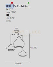 SOSP. OTTONE SATINATO 3 LUCI SPOSTABILE VETRI (2 X PICCOLO + 1 X GRANDE) TUTTI RUBINO 1191OS-S3 S MIX-RU