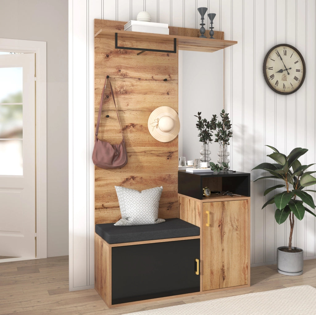 Set ingresso con scarpiera; specchio; 4 ganci e panca; 105x40x191;5 cm; nero e legno
