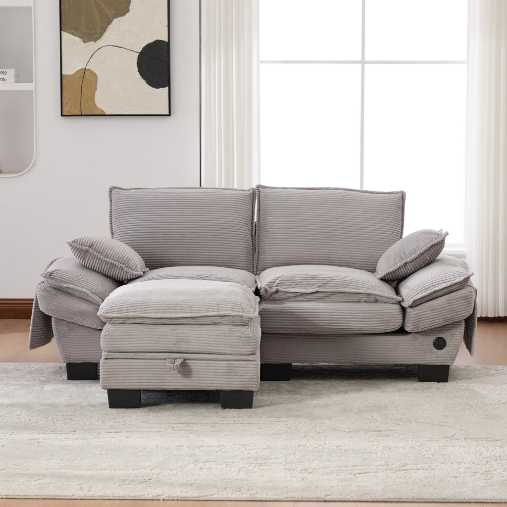Divano 2 posti in tessuto corduroy con pouf, seduta ergonomica, USB-C e tasche laterali, grigio chiaro