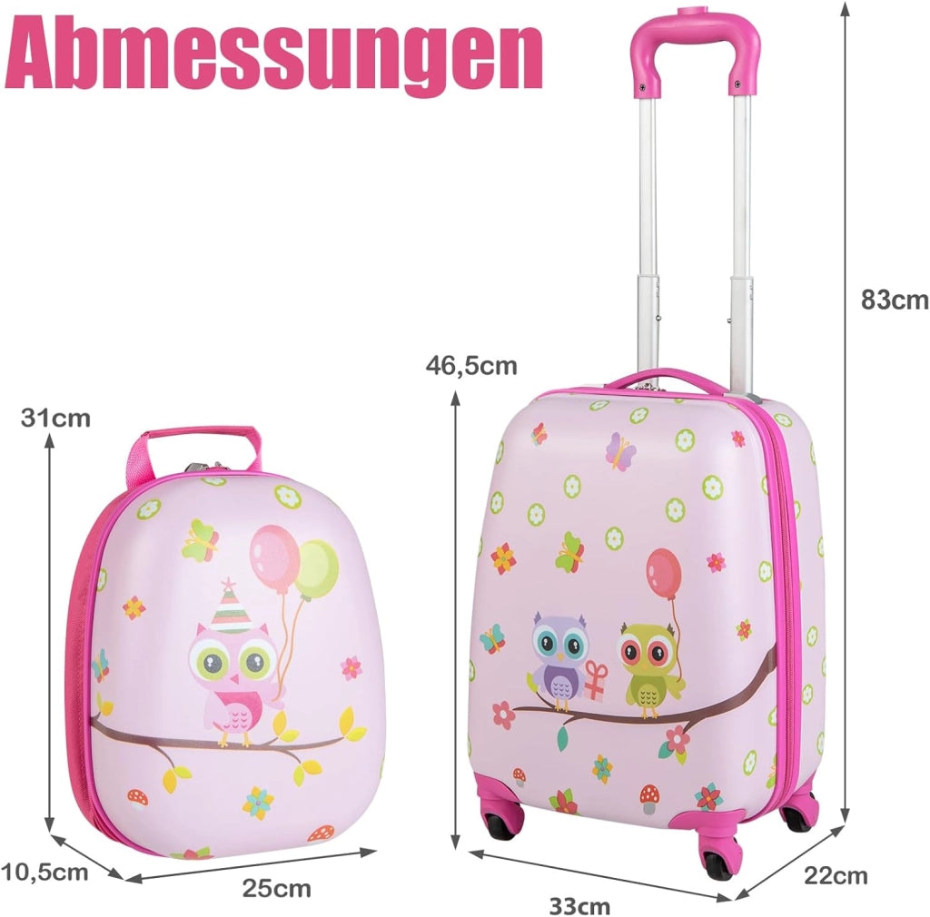 Set di Valigia 16’’ + Zaino 12’’ per Bambini 2 Pezzi, Bagagli 2-in-1 con Zainetto da Viaggio Aereo, Trolley con Maniglia Telescopica e 4 Ruote a 360° (Rosa Gufo)