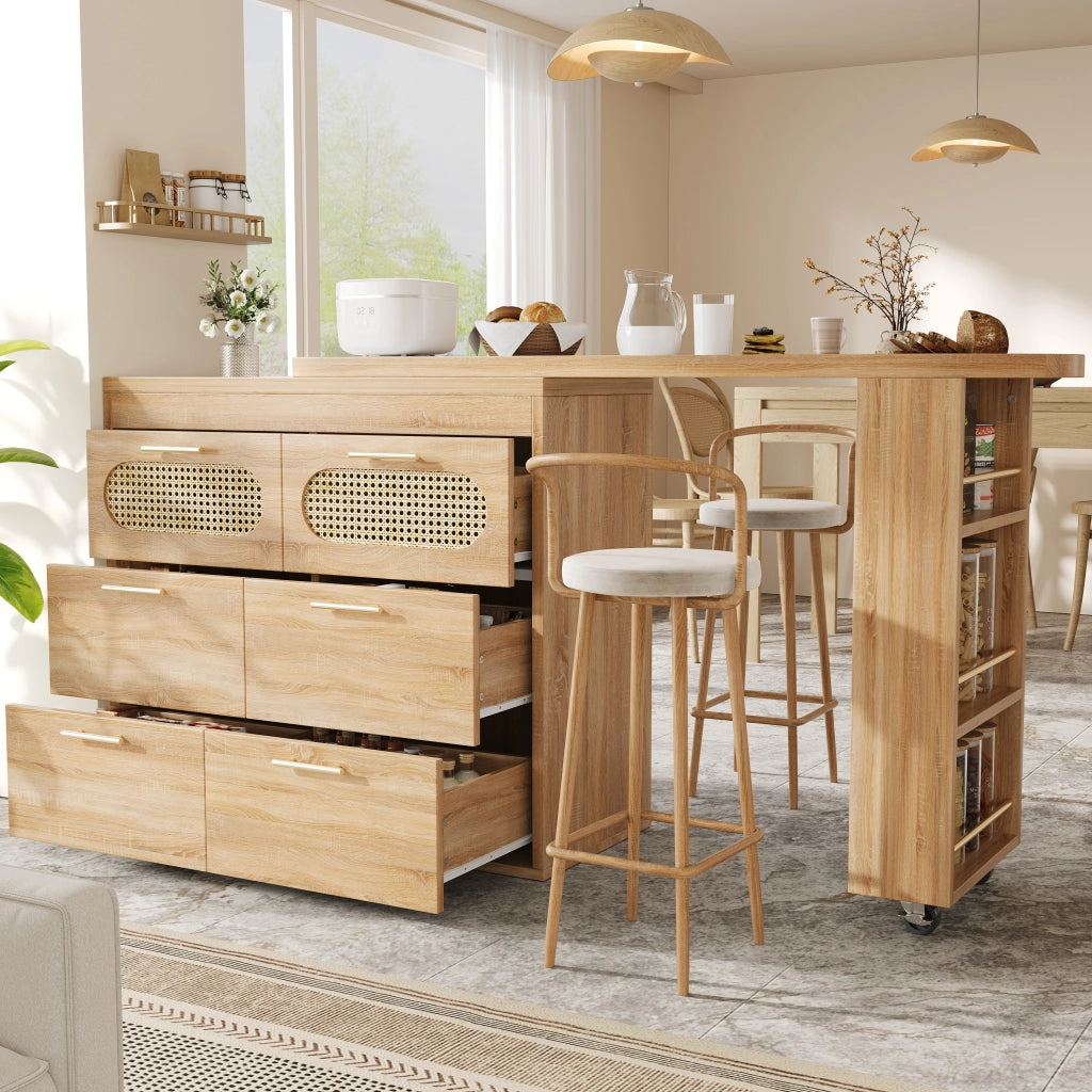 Tavolo Bar con 6 Cassetti e Ante in Rattan ¨C MINIMAL ¨C Metallo, Girevole 360¡ã