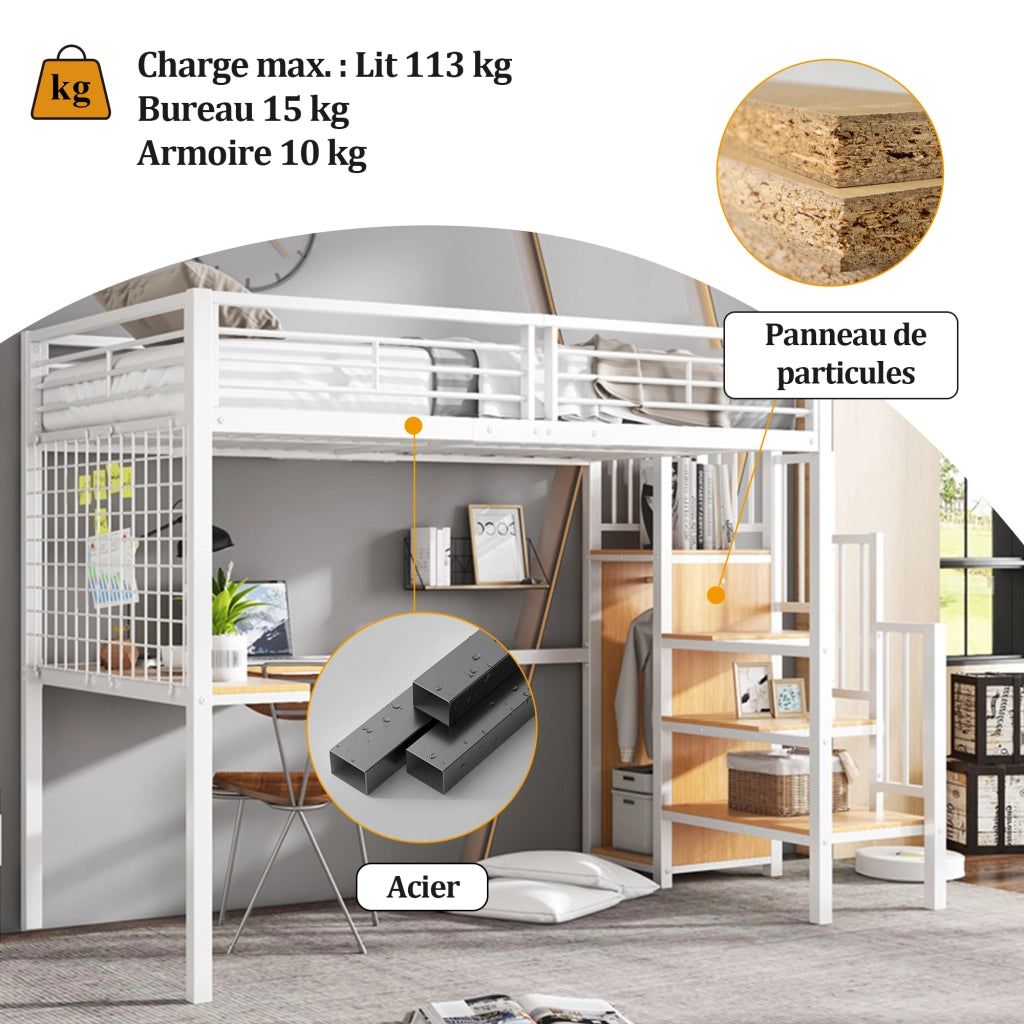 Letto a soppalco Letto singolo con armadio; scala laterale e scrivania 90×200 cm; senza materasso