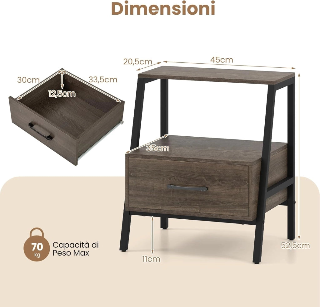 Comodino Moderno 45 x 35 x 52,5 cm, Tavolino da Letto a 3 Livelli con Ripiano Aperto e Telaio in Metallo Robusto per Camera da Letto, Ufficio e Soggiorno, Grigio