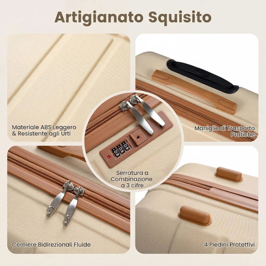 Set di 5 Pezzi Valigie da Viaggio, Set 3 Valigie Rigide in ABS (28”/24”/20”con 1 Bagaglio a Mano e 1 Borsetta, Lucchetto a Codice, Manico Telescopico e Ruote Girevoli, Trolley da Cabina (Beige)