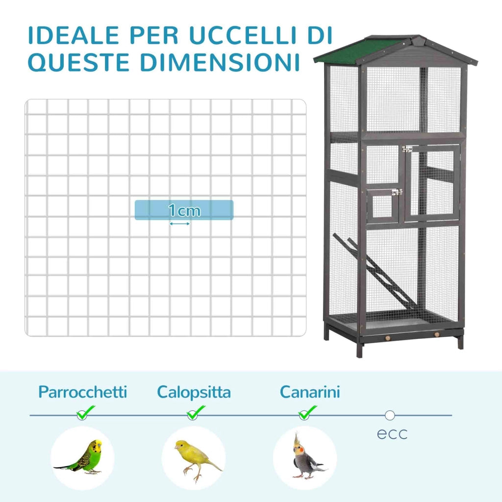 Gabbia per Uccelli Voliera Alta da Esterno 68x63x165 cm 2 Porte e Vassoio Estraibile in Legno Grigio Chiaro