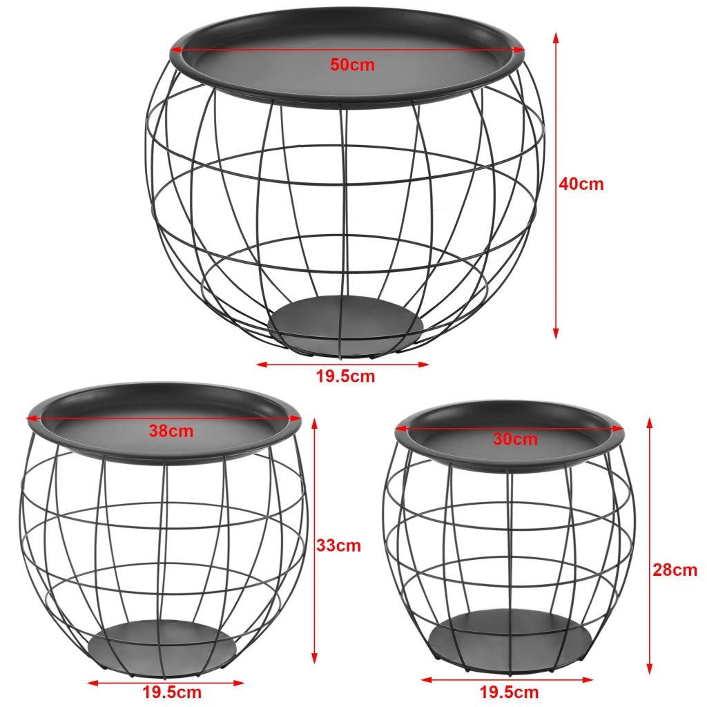 Set di 3 tavolini impilabili Neman con cestini in metallo varie misure nero 03_0008535