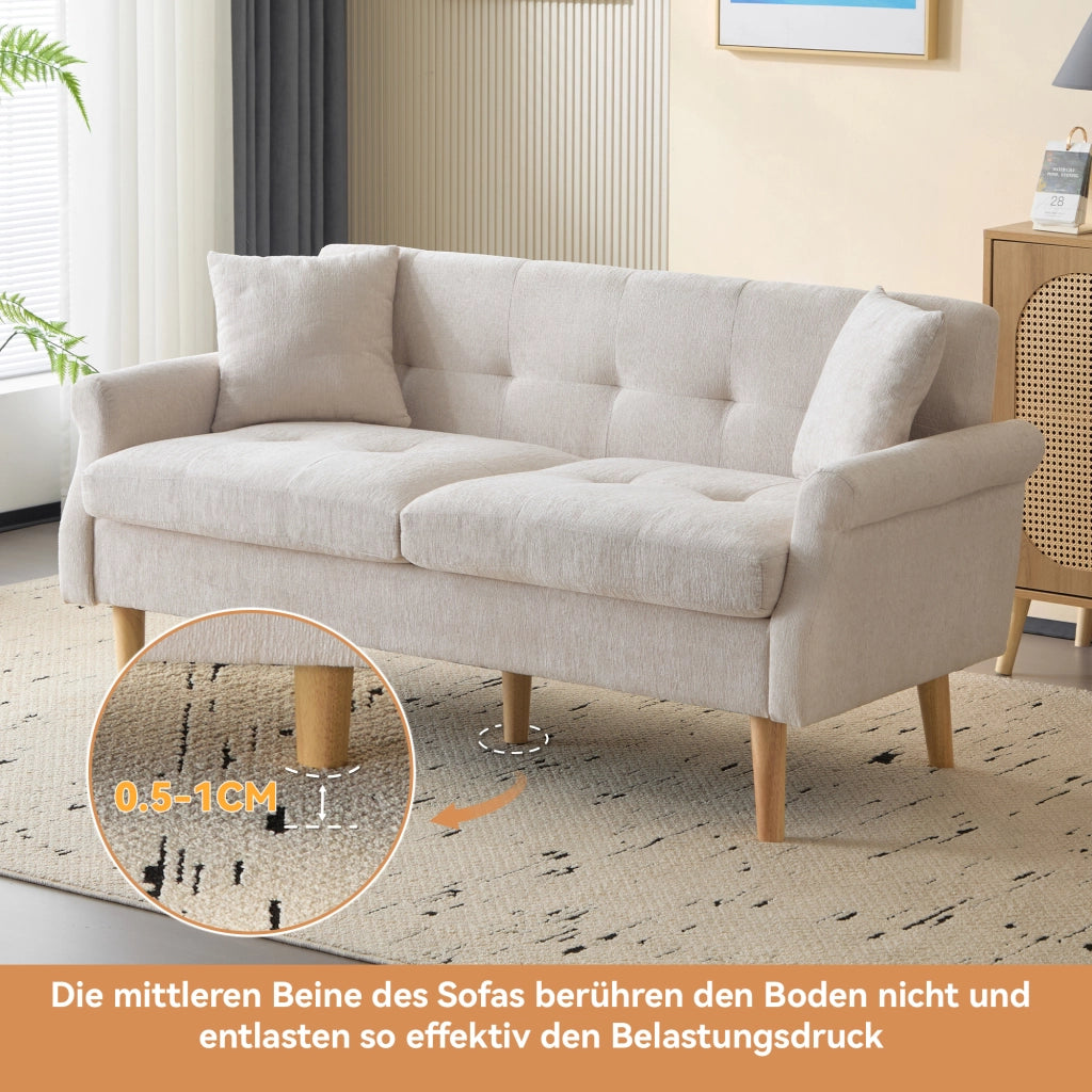 Divano a 2 posti in chenille beige con cuscini e gambe in legno 162 × 74 × 77 cm
