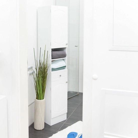 Cassettone da bagno alto a 2 ante con lato aperto e pannelli in legno bianco - HBD 1735 x 305 x 32 cm cassettone da bagno alto