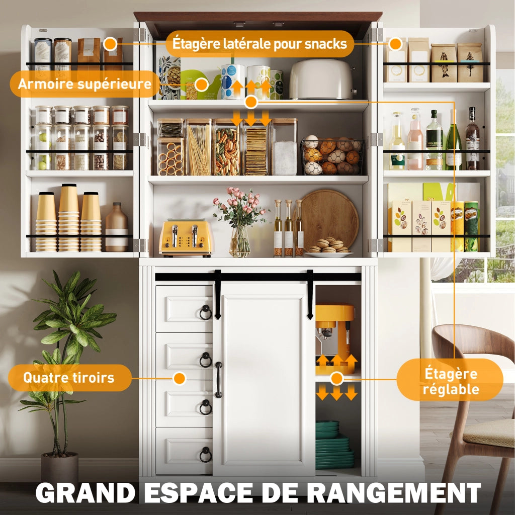 Credenza alta con 4 cassetti; ripiani regolabili e snack rack; per cucina; bianco
