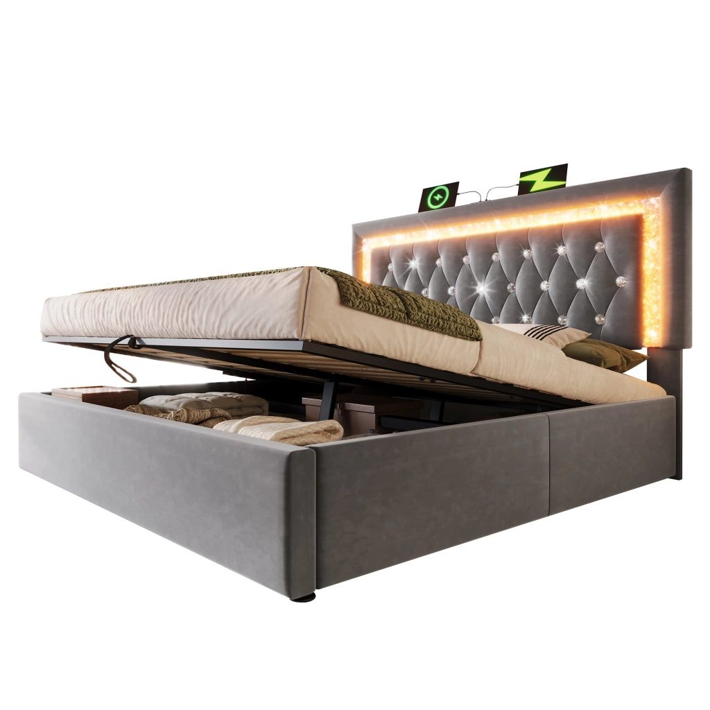 OKWISH Letto Contenitore 180×200 cm, Letto Matrimoniale con LED Regolabile, USB, Tipo C e Motivo a Losanghe, senza Materasso, Velluto, Grigio