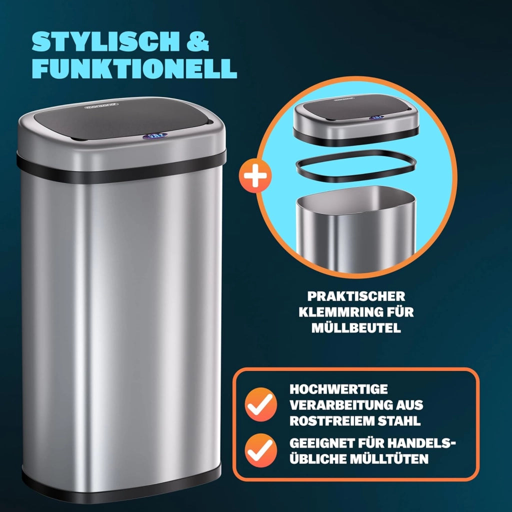 ® Cestino per Rifiuti con Sensore 50L in Acciaio Inox Pattumiera con Fissaggio Coperchio incl. Cavo USB Secchio Display LED