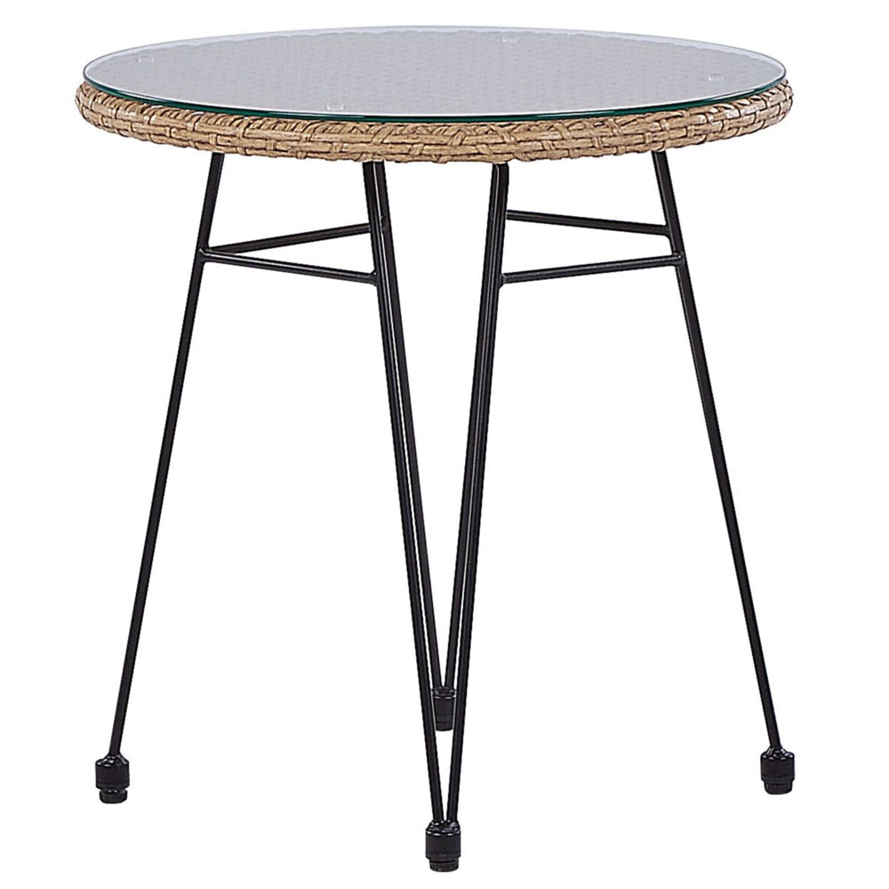Set da 3 pezzi da bistrot, in finto rattan marrone, con gambe a forcina in metallo nero, piano in vetro