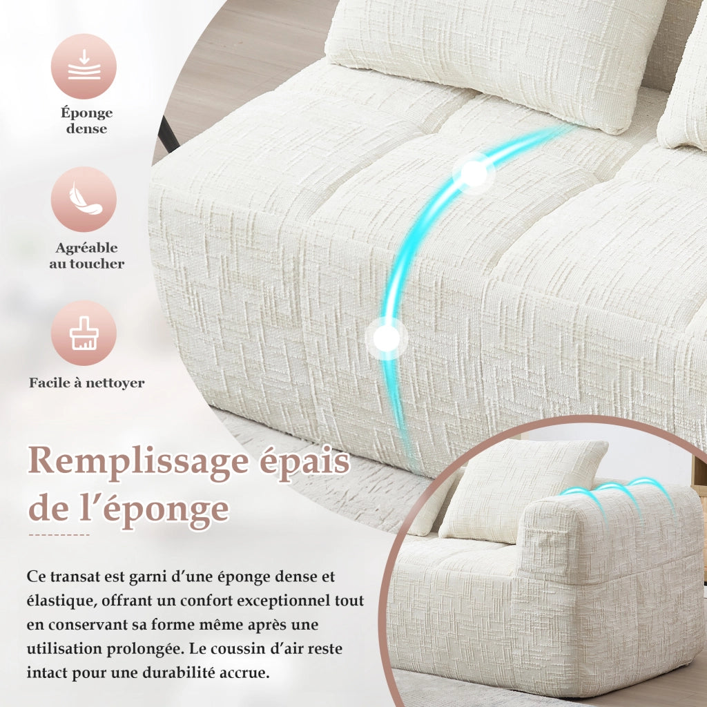 OKWISH Divano Chaise Longue 2 Posti, con Tasche Laterali, Cuscino Incluso e Seduta Imbottita, Ciniglia, Beige