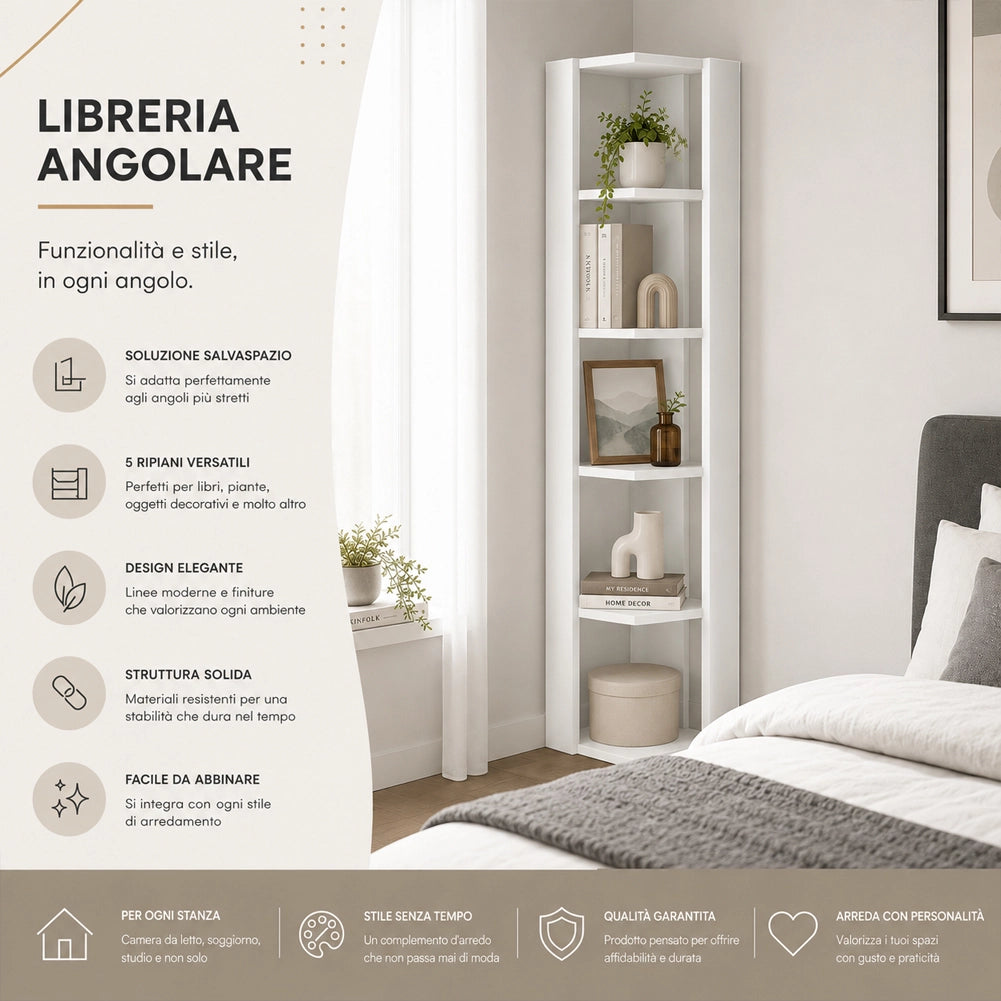 Libreria Angolare 34x34x161 cm Scaffale Salvaspazio 5 Ripiani in Legno Bianco
