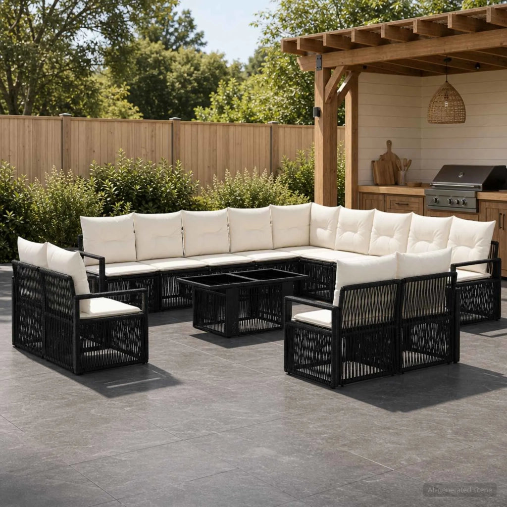 Set Divano da Giardino 14 pz Nero e Bianco Crema polyrattan 3437182