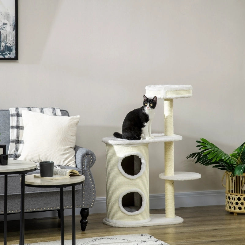 Albero tiragraffi per gatti con cuccia, gioco sospeso e rivestimento in peluche, 100 cm, crema
