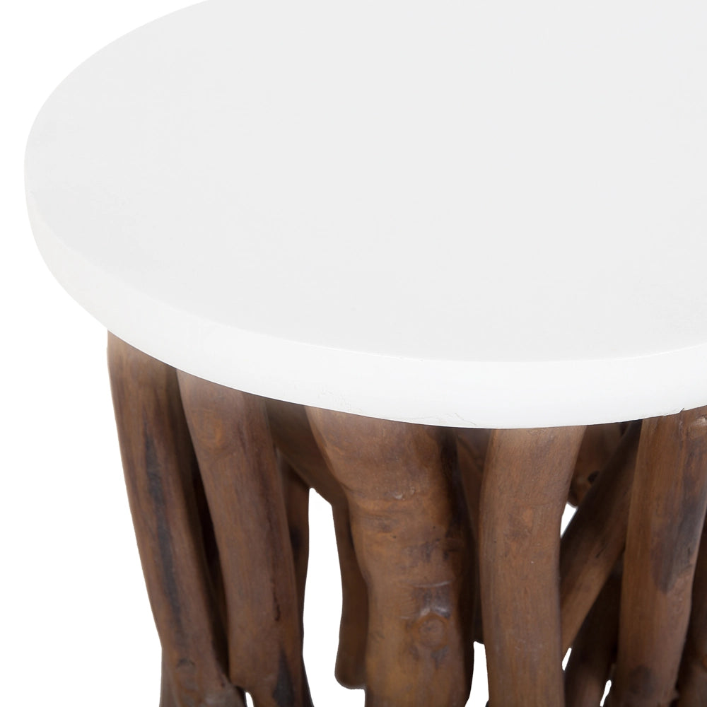 Tavolino Bianco Tondo Piano Legno Teak Scuro Ramo Di Albero Base Moderno Rustico Soggiorno Camera Da Letto