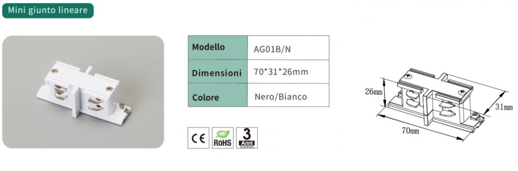 Connettore Mini Giunto Lineare Bianco Centrale per Binario Trifase AG01B