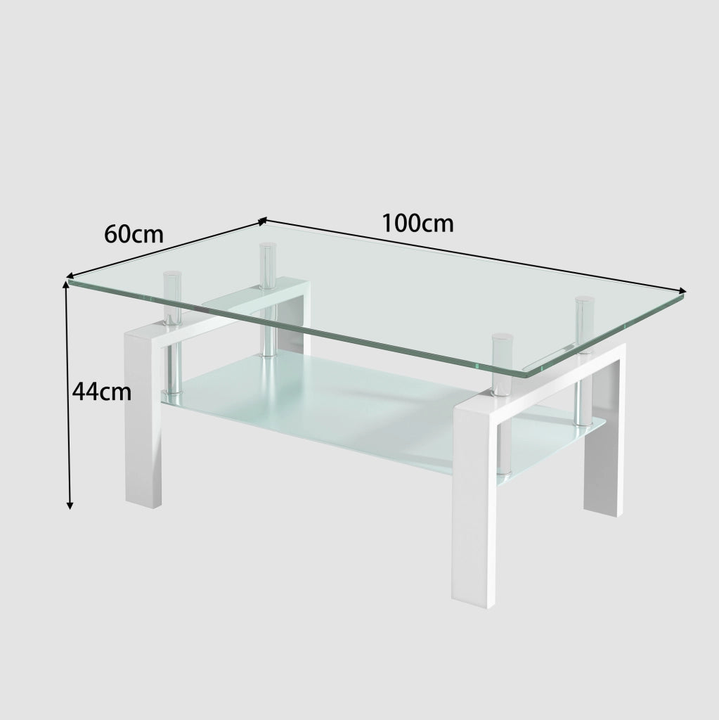Tavolino da caffè a 2 ripiani in vetro temperato e metallo; 100×60×44 cm; bianco