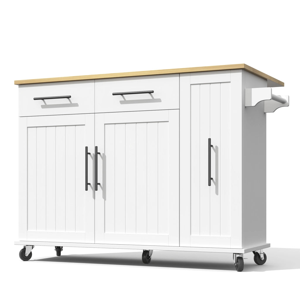 Isola da Cucina Mobile 120x40/65x90 cm Bianca e Legno con Organizer Estraibile, 2 Cassetti e 5 Ruote