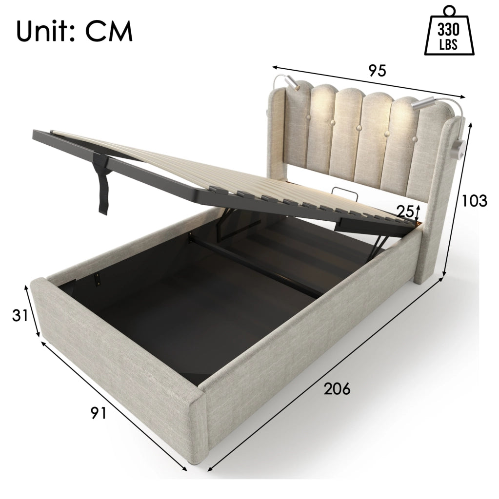 Letto singolo imbottito con luce da lettura, porta USB e contenitore