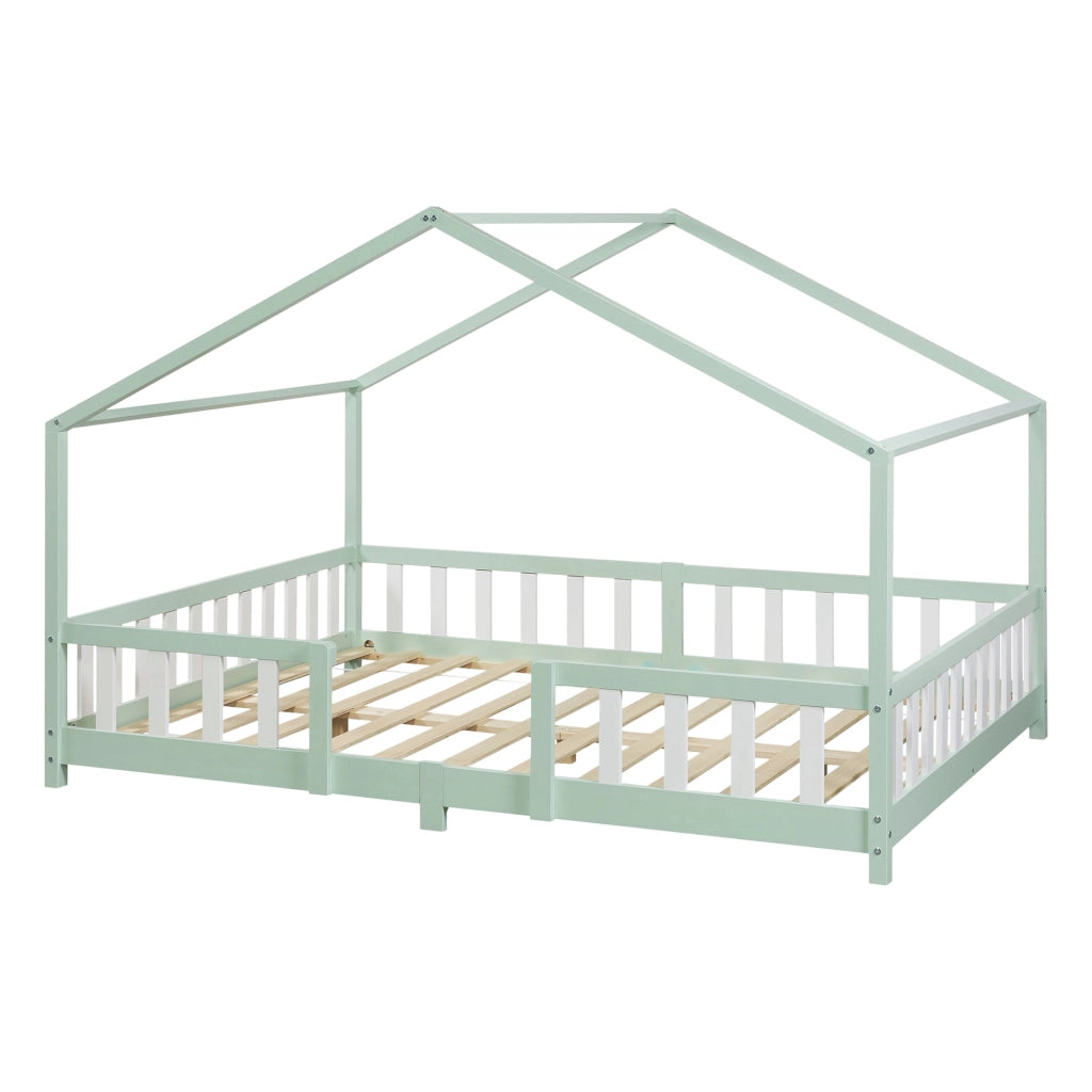 Letto per Cameretta Treviolo a Forma di Casetta in Stile Montessori 120x200 cm Menta Verde/Bianco [en.casa]