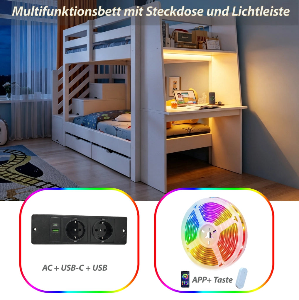 Letto a castello 90x200 cm in legno con scala contenitore; scrivania; LED e 2 cassetti; bianco