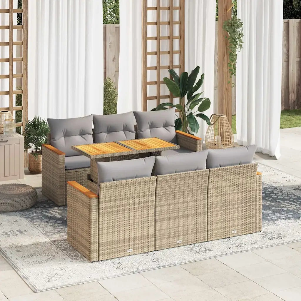 Set Divani da Giardino 7 pz con Cuscini Beige Polyrattan Acacia