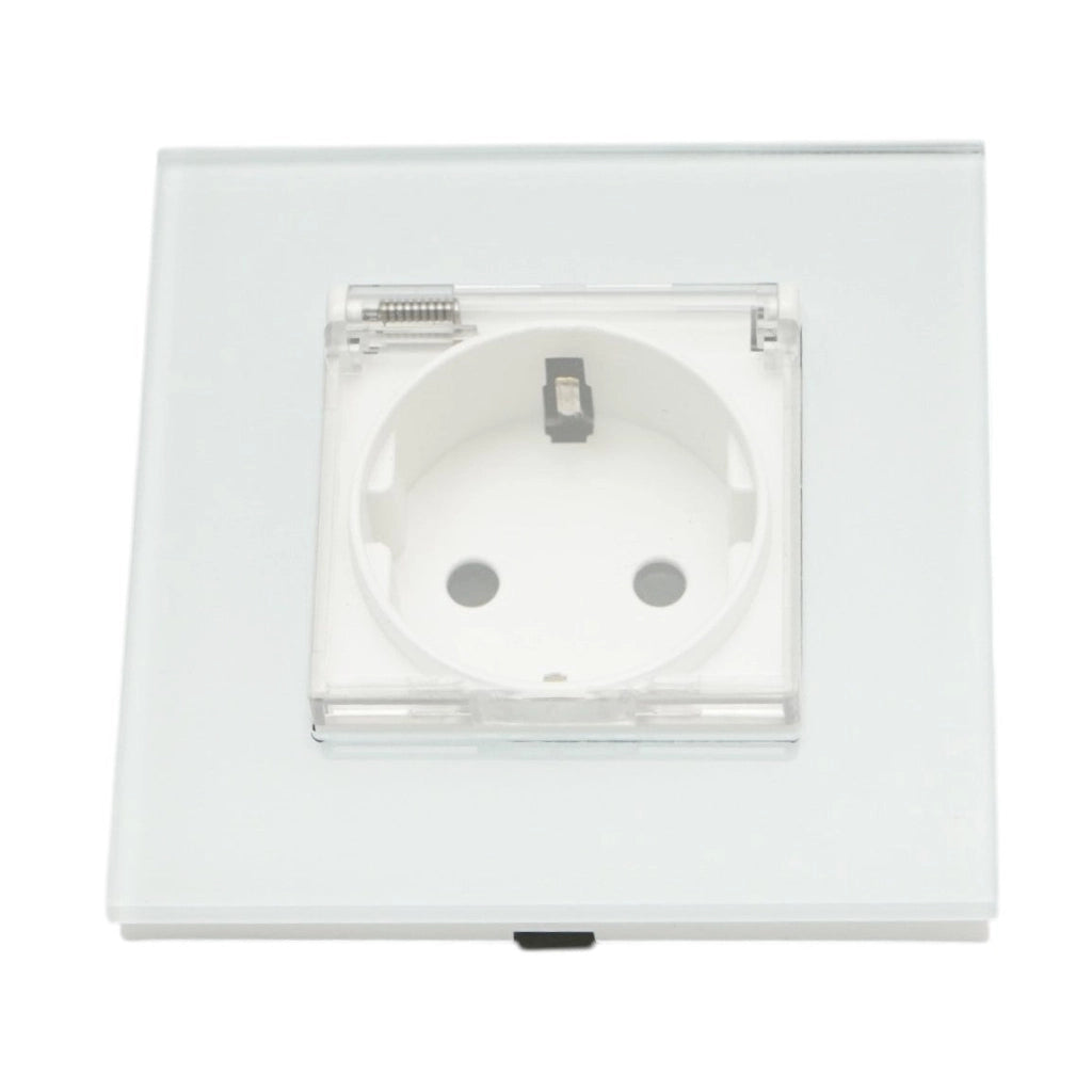 Presa schuko da incasso bianca 220V, 16A, coperchio trasparente, cornice in vetro 86x86x34mm