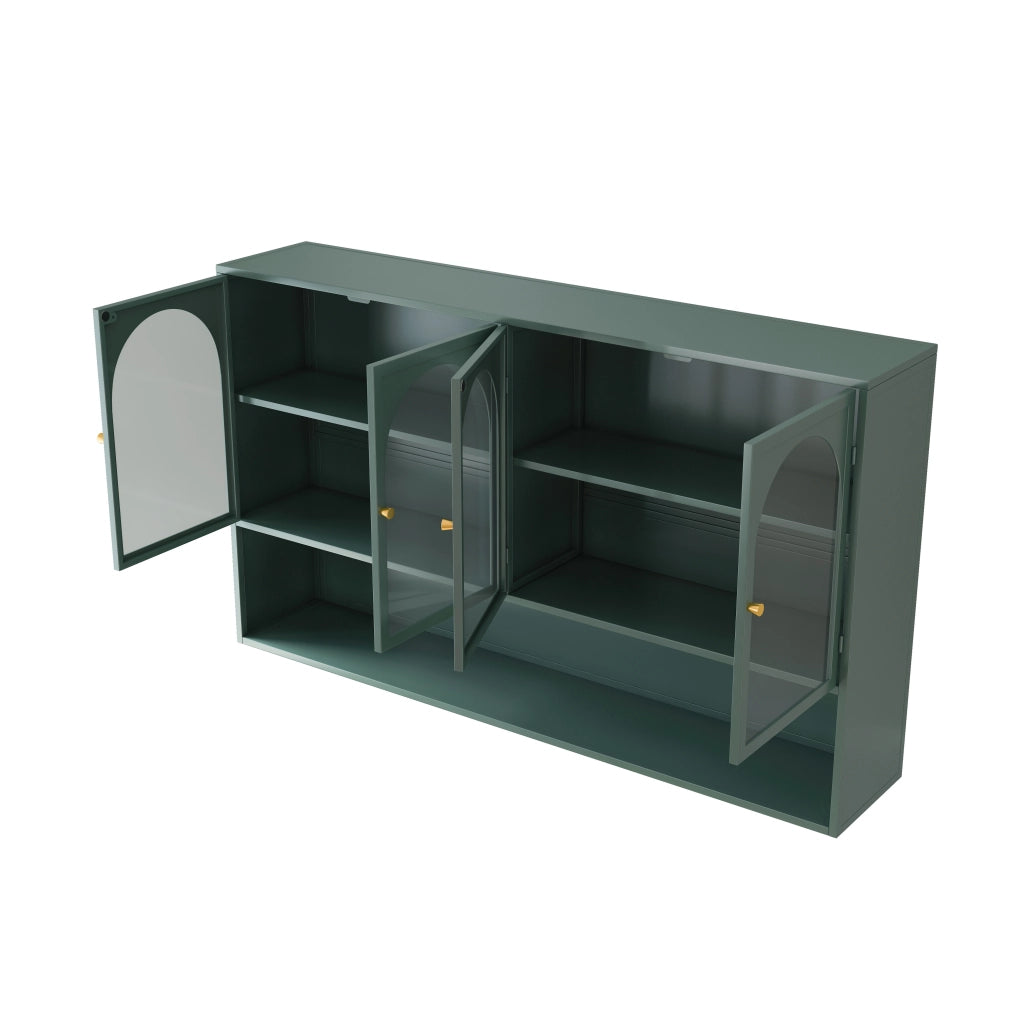 Mobile contenitore a 4 ante in ferro e vetro con ripiani; per cucina e soggiorno; 120×23×70 cm; verde scuro