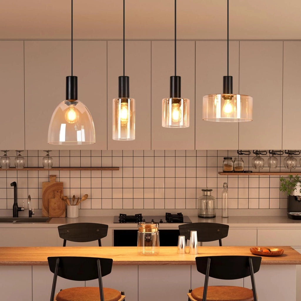 ZMH Lampada a Sospensione 4 Luci Vetro Ambra Industriale Altezza Regolabile per Soggiorno Sala da Pranzo Senza Lampadina