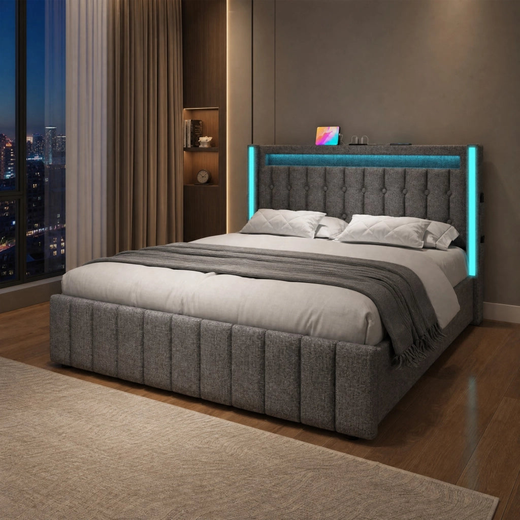 Letto matrimoniale 140x200 cm in lino grigio con USB; LED e 4 cassetti
