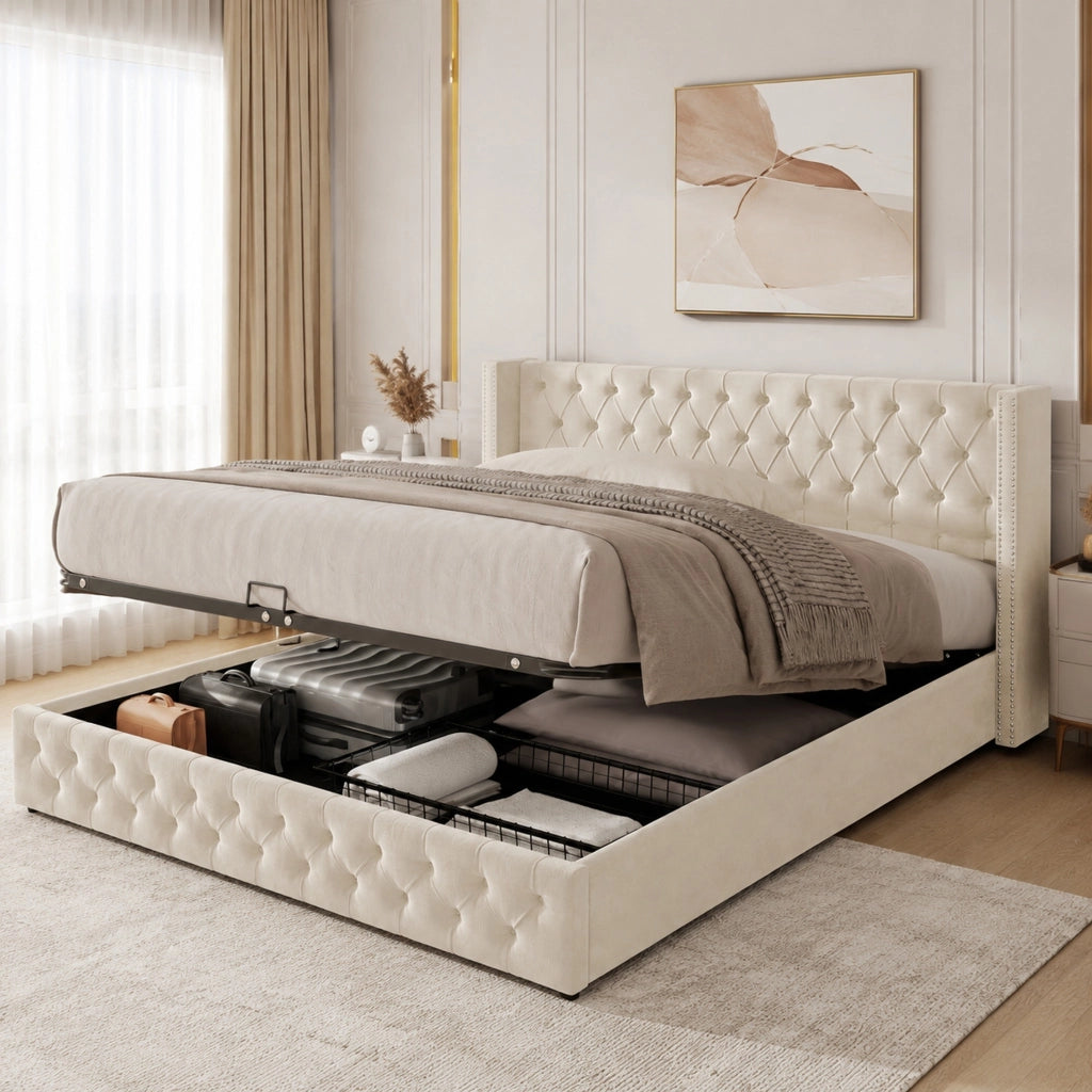 Letti contenitori 140x190 cm; apertura idraulica; velluto beige (Senza materasso)