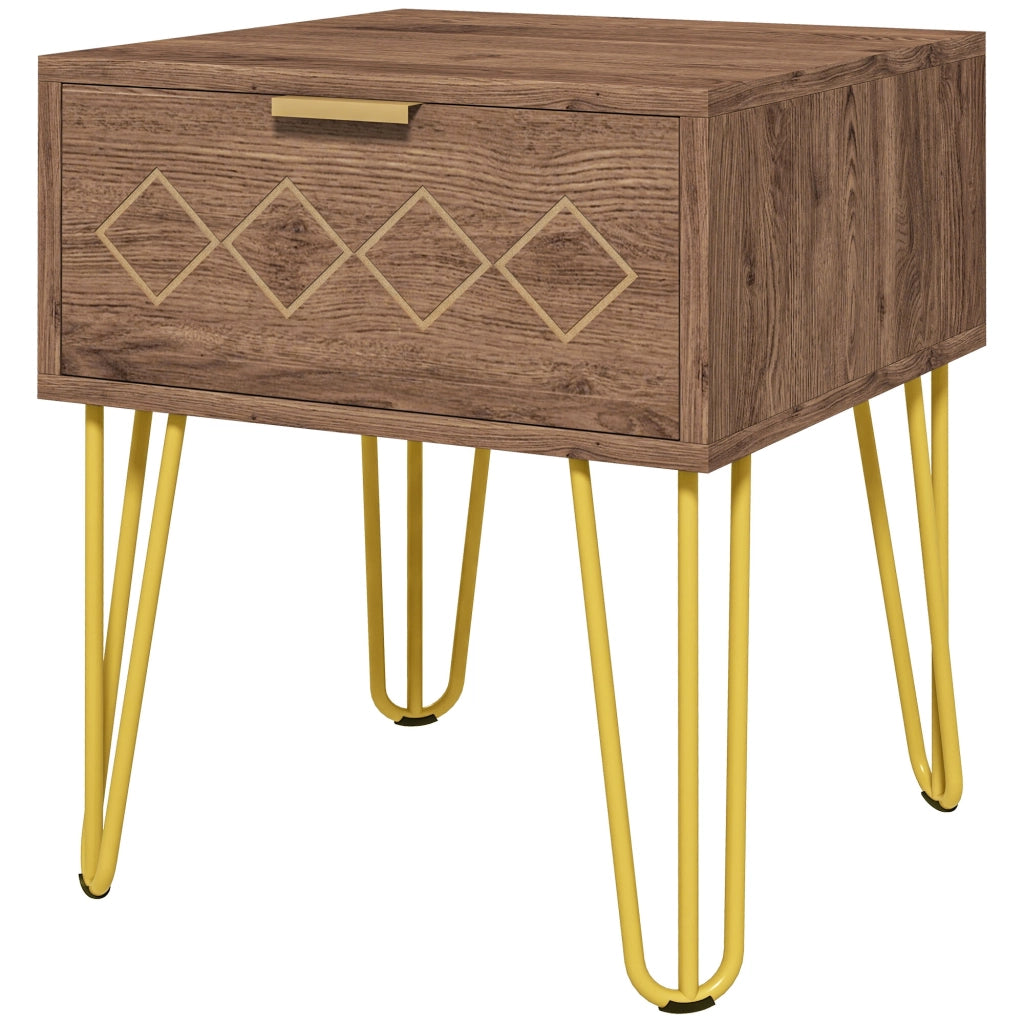 Comodini Moderni Set 2 Pezzi con Cassetto , Comodini Camera da Letto, Salotto, in Truciolato e Acciaio, 39.5x41x49 cm, Marrone e Oro