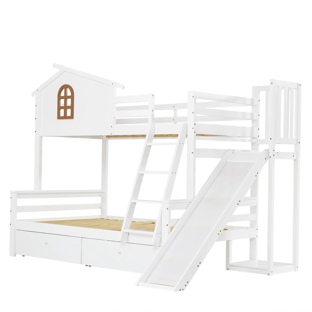 LETTO a castello con finestra e scivolo 90x200/120x200 cm Bianco