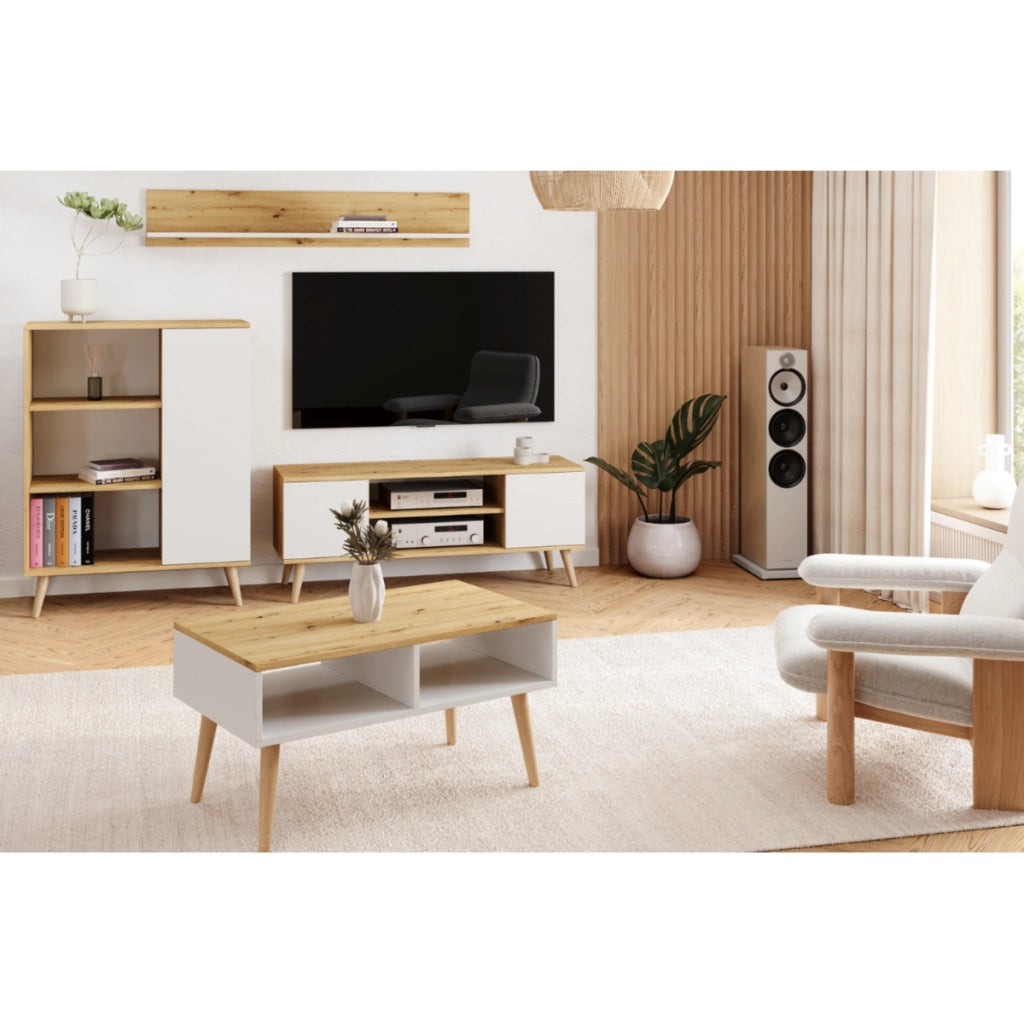 Tavolino da salotto SANDI scandinavo bianco e rovere Artisan con ripiano