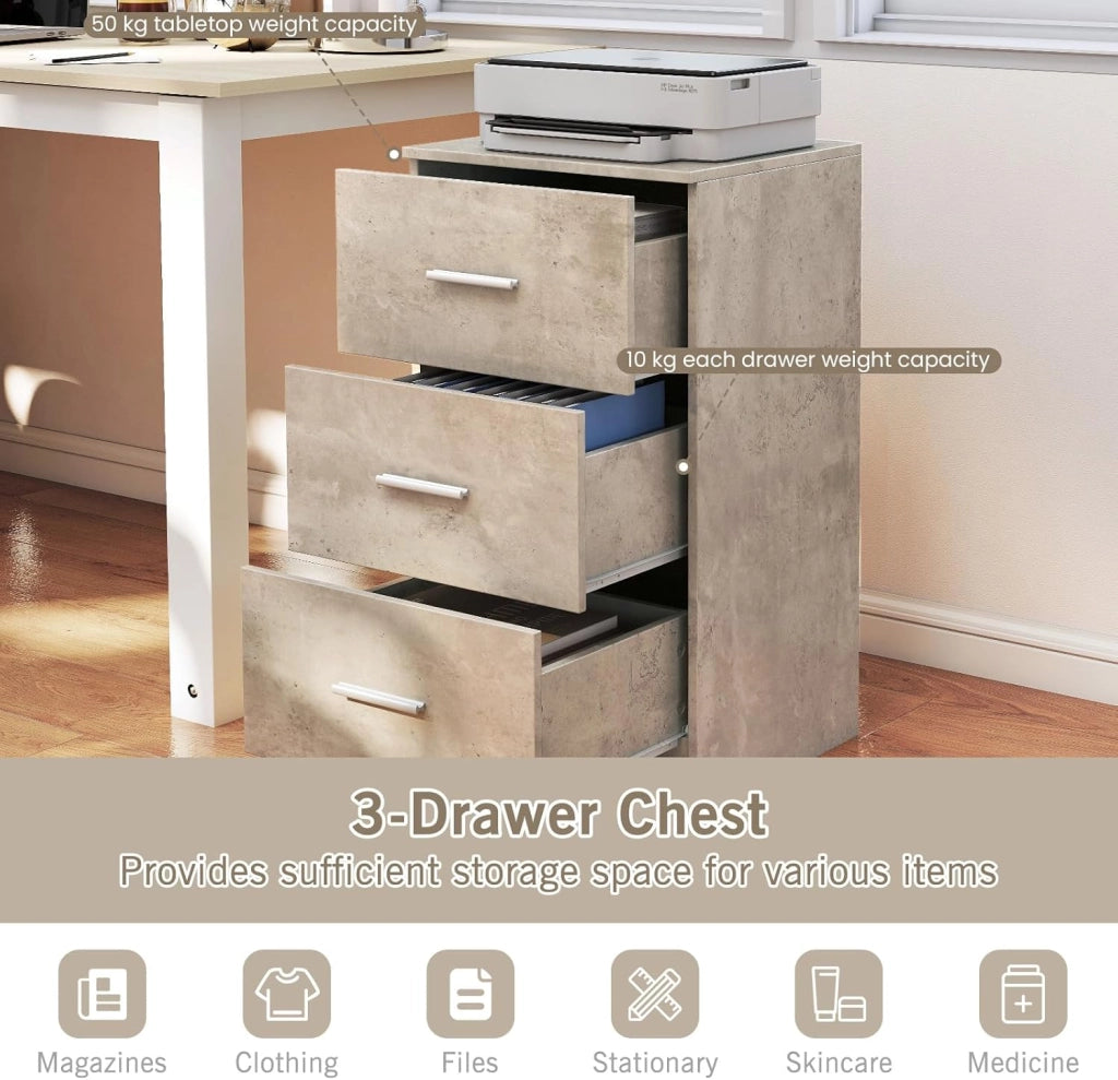 Comodino con 3 cassetti, comodino in legno, tavolino piccolo, cassettiera per camera da letto, ufficio, 37 x 34 x 66,5 cm (1, grigio)