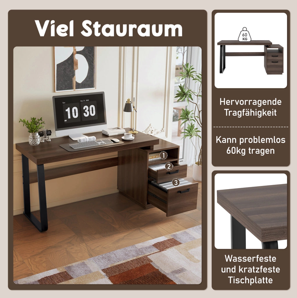 SCRIVANIA 135x54 cm con cassetto e vano aperto MDF e metallo marrone