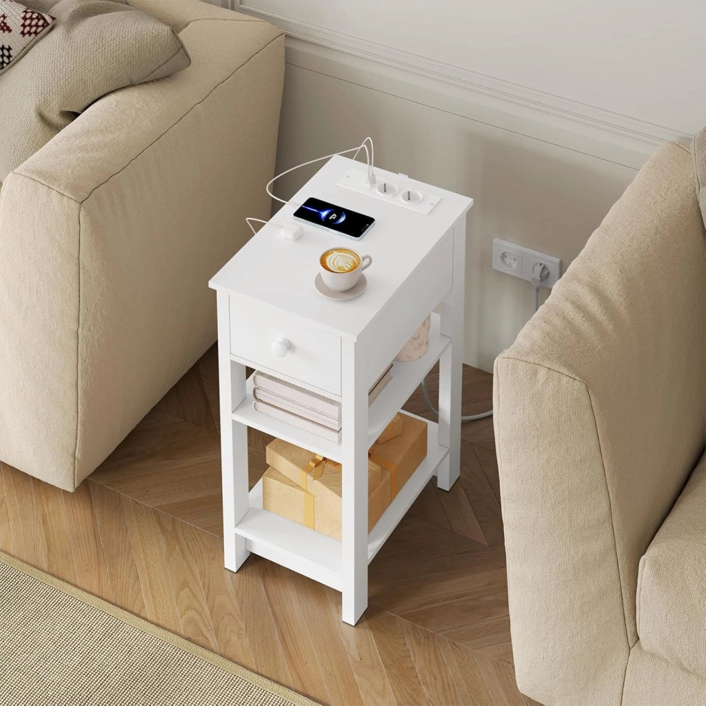 Comodino con Prese Integrate e Porte Usb, Comodino con Cassetto e Ripiani, Tavolino per Piccole Stanze, Camera da Letto, Soggiorno, Bianco, 30x45x65cm, NTS20ws