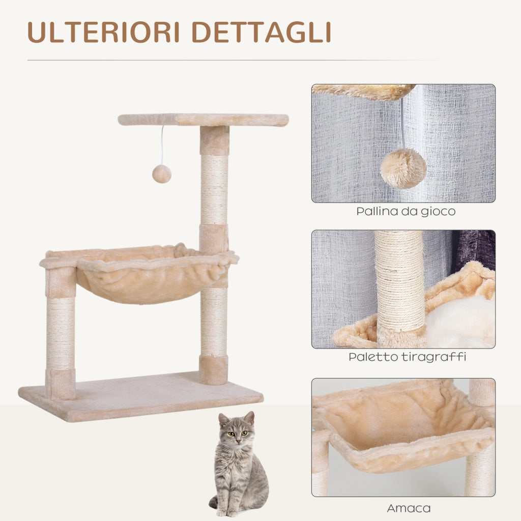 Torre per Gatti con Amaca e Pallina ¨C zephmum ¨C Legno e Peluche Beige 50x36x70