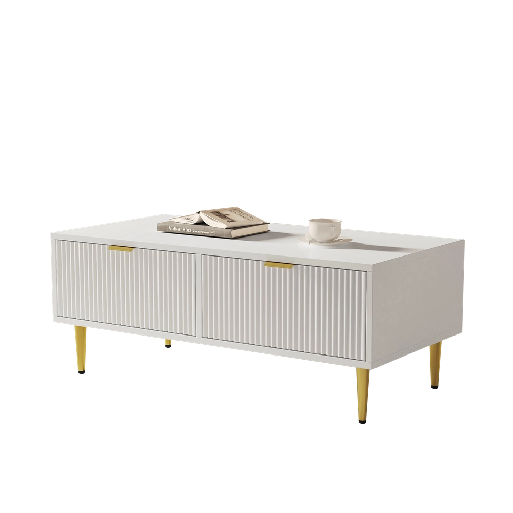 Tavolino da Caff¨¨ Moderno ¨C MINIMAL ¨C Bianco con Dettagli Oro, 2 Cassetti, 100x50x40 cm