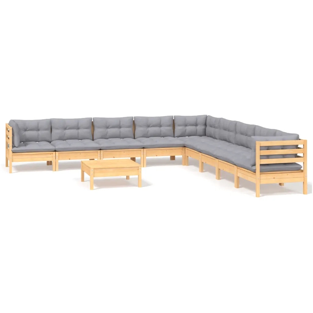 Set Divani da Giardino 10 pz con Cuscini Grigi Massello di Pino 3096820