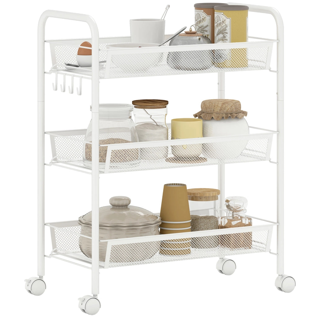 Carrello a 3 livelli con cesti ¨C zephmum ¨C bianco 45x26.5x63 cm