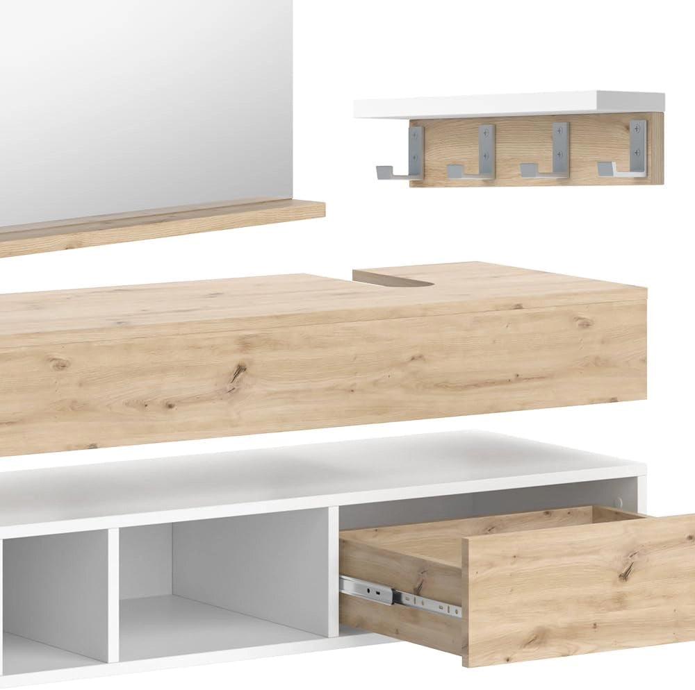 Set di mobili da bagno Henri, Bianco, 100 cm, composto da mobile sottolavabo, specchiera e mobile medio