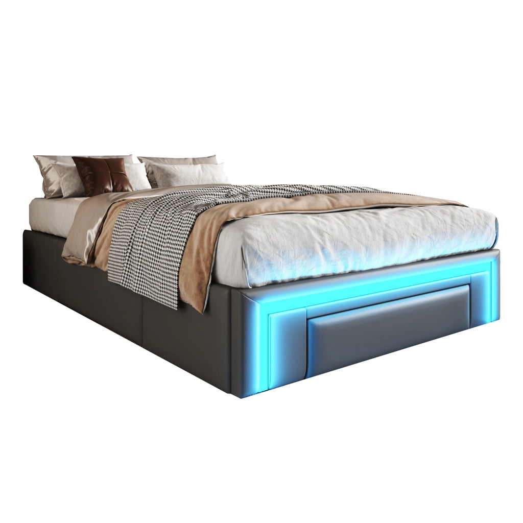 Letto con cassetti 90×200 cm 1 posto; barra LED; contenitore; senza materasso; in PU grigio